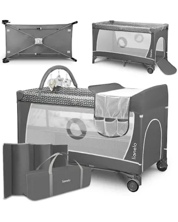 LIONELO Flower 2-in-1 Travel Cot and Playpen from Birth | To 36 Months, 2 Mattress Levels, Changing Table, Mesh Sides, Side Entrance, Toy Bar, LockGuard Safety and Quick Fold