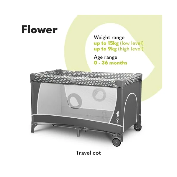 LIONELO Flower 2-in-1 Travel Cot and Playpen from Birth | To 36 Months, 2 Mattress Levels, Changing Table, Mesh Sides, Side Entrance, Toy Bar, LockGuard Safety and Quick Fold