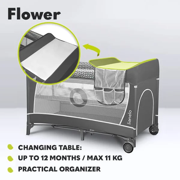LIONELO Flower 2-in-1 Travel Cot and Playpen from Birth | To 36 Months, 2 Mattress Levels, Changing Table, Mesh Sides, Side Entrance, Toy Bar, LockGuard Safety and Quick Fold