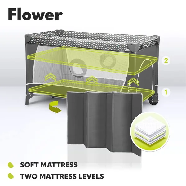 LIONELO Flower 2-in-1 Travel Cot and Playpen from Birth | To 36 Months, 2 Mattress Levels, Changing Table, Mesh Sides, Side Entrance, Toy Bar, LockGuard Safety and Quick Fold