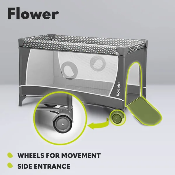 LIONELO Flower 2-in-1 Travel Cot and Playpen from Birth | To 36 Months, 2 Mattress Levels, Changing Table, Mesh Sides, Side Entrance, Toy Bar, LockGuard Safety and Quick Fold