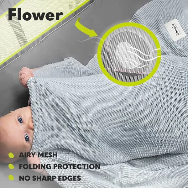 LIONELO Flower 2-in-1 Travel Cot and Playpen from Birth | To 36 Months, 2 Mattress Levels, Changing Table, Mesh Sides, Side Entrance, Toy Bar, LockGuard Safety and Quick Fold