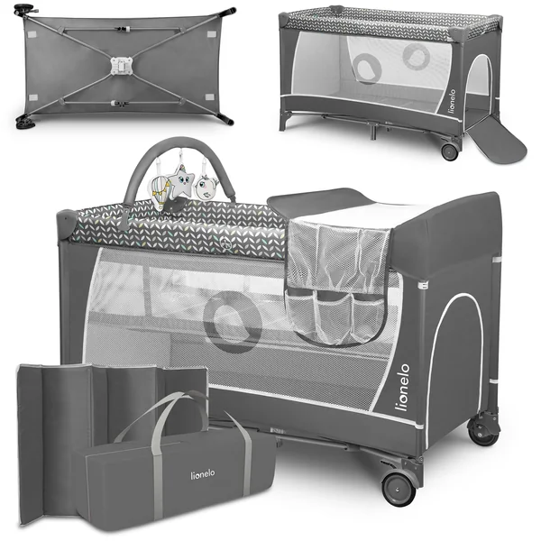LIONELO Flower 2-in-1 Travel Cot and Playpen from Birth | To 36 Months, 2 Mattress Levels, Changing Table, Mesh Sides, Side Entrance, Toy Bar, LockGuard Safety and Quick Fold