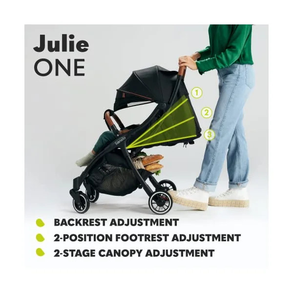 LIONELO Julie One Lightweight Foldable Pushchair up to 22 kg | Lie-Flat Recline, Ventilated Adjustable Backrest, Extended Canopy, Footmuff, Mosquito Net and Compact Fold