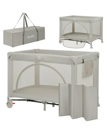 lionelo Laura 2-in-1 Travel Cot and Playpen from Birth | To 3 Years, 2 Mattress Levels, Foam Mattress, Side Door, Lockable Wheels and Carry Bag