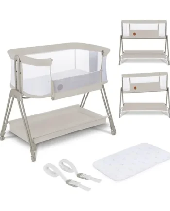 LIONELO Luna 2-in-1 Bedside Crib and Travel Cot from Birth | Up to 9 kg, Breathable Fabric, Shopping Basket, Mattress Included, Breathable Mesh Sides, Lockable Wheels