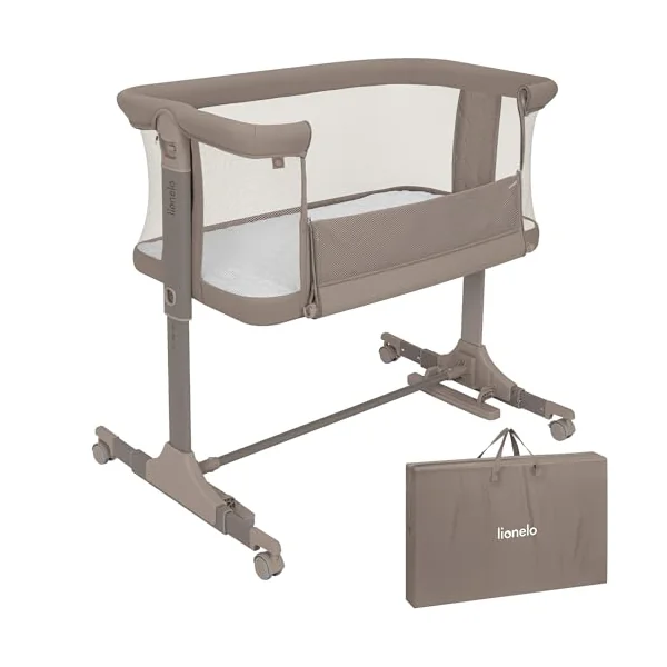 lionelo Pari 3-in-1 Bedside Cot and Rocking Bassinet from Birth | 6 Height Levels, Drop-Down Side, Incline Mattress, Lockable Wheels, Breathable Mesh and Travel Bag