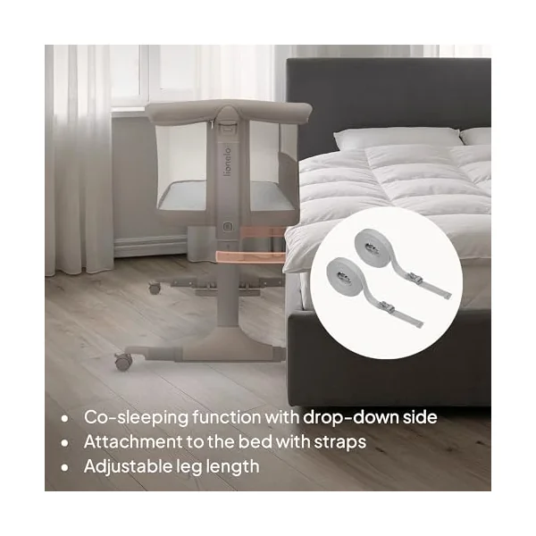 lionelo Pari 3-in-1 Bedside Cot and Rocking Bassinet from Birth | 6 Height Levels, Drop-Down Side, Incline Mattress, Lockable Wheels, Breathable Mesh and Travel Bag