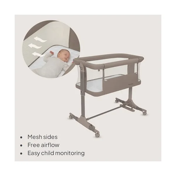 lionelo Pari 3-in-1 Bedside Cot and Rocking Bassinet from Birth | 6 Height Levels, Drop-Down Side, Incline Mattress, Lockable Wheels, Breathable Mesh and Travel Bag