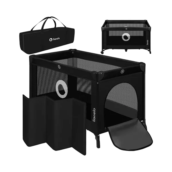 lionelo Stefi 2-in-1 Travel Cot and Playpen from Birth | Side Zip Entrance, Breathable Mesh, LockGuard Safety, Lockable Wheels, Mattress, Foldable Frame and Carry Bag