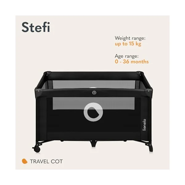 lionelo Stefi 2-in-1 Travel Cot and Playpen from Birth | Side Zip Entrance, Breathable Mesh, LockGuard Safety, Lockable Wheels, Mattress, Foldable Frame and Carry Bag