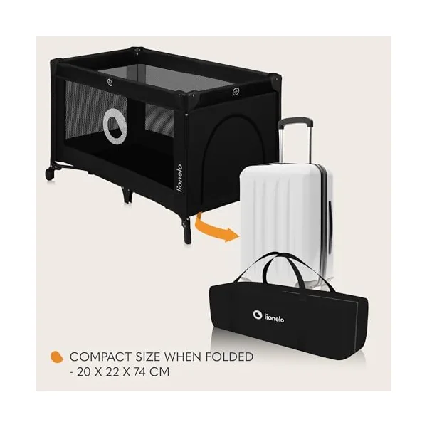 lionelo Stefi 2-in-1 Travel Cot and Playpen from Birth | Side Zip Entrance, Breathable Mesh, LockGuard Safety, Lockable Wheels, Mattress, Foldable Frame and Carry Bag