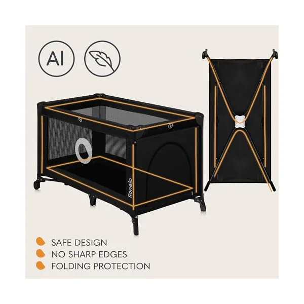 lionelo Stefi 2-in-1 Travel Cot and Playpen from Birth | Side Zip Entrance, Breathable Mesh, LockGuard Safety, Lockable Wheels, Mattress, Foldable Frame and Carry Bag