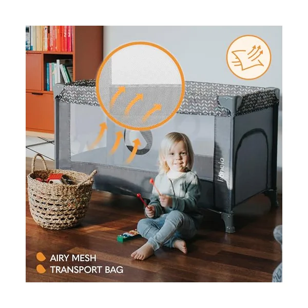 lionelo Stefi 2-in-1 Travel Cot and Playpen from Birth | Side Zip Entrance, Breathable Mesh, LockGuard Safety, Lockable Wheels, Mattress, Foldable Frame and Carry Bag