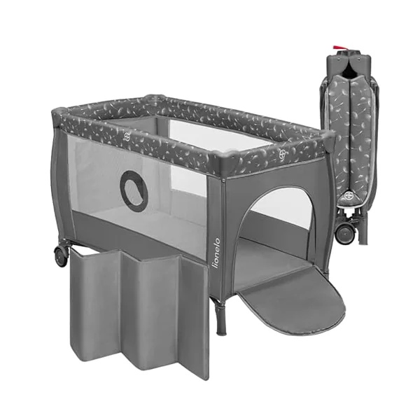lionelo Stefi Plus Travel Cot and Playpen from Birth | 2 Mattress Levels, Side Zip Entrance, Breathable Mesh, LockGuard Safety, Wheels and Compact Fold