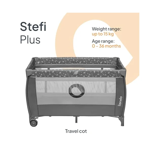 lionelo Stefi Plus Travel Cot and Playpen from Birth | 2 Mattress Levels, Side Zip Entrance, Breathable Mesh, LockGuard Safety, Wheels and Compact Fold