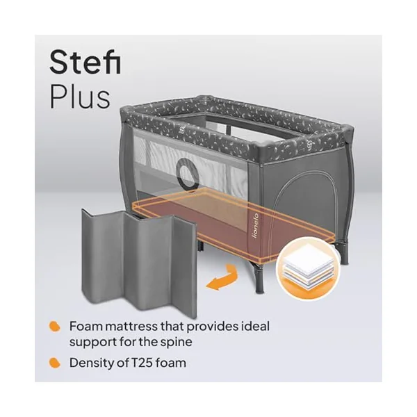 lionelo Stefi Plus Travel Cot and Playpen from Birth | 2 Mattress Levels, Side Zip Entrance, Breathable Mesh, LockGuard Safety, Wheels and Compact Fold