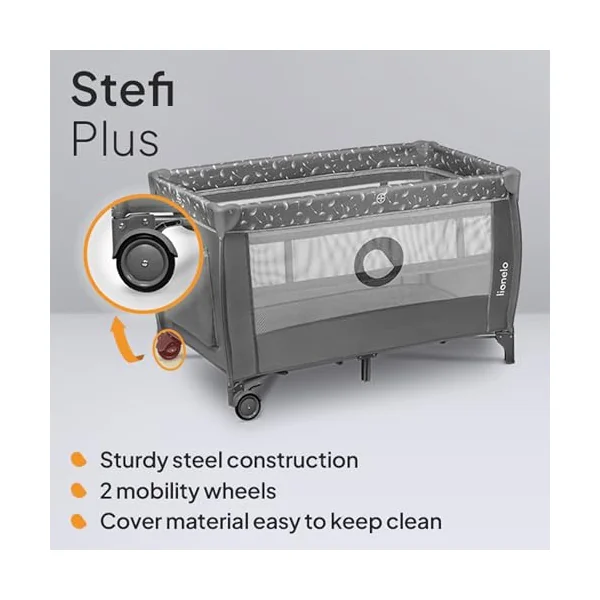 lionelo Stefi Plus Travel Cot and Playpen from Birth | 2 Mattress Levels, Side Zip Entrance, Breathable Mesh, LockGuard Safety, Wheels and Compact Fold