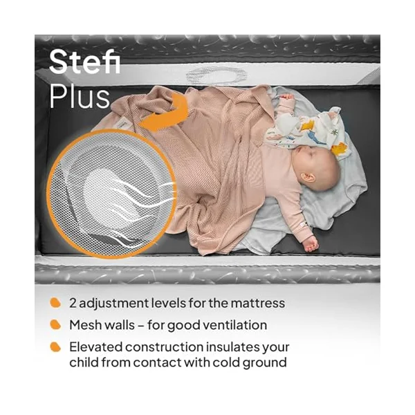 lionelo Stefi Plus Travel Cot and Playpen from Birth | 2 Mattress Levels, Side Zip Entrance, Breathable Mesh, LockGuard Safety, Wheels and Compact Fold