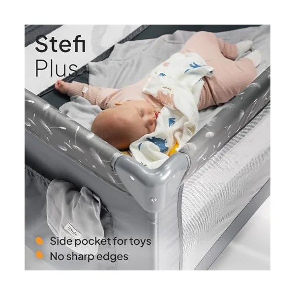 lionelo Stefi Plus Travel Cot and Playpen from Birth | 2 Mattress Levels, Side Zip Entrance, Breathable Mesh, LockGuard Safety, Wheels and Compact Fold
