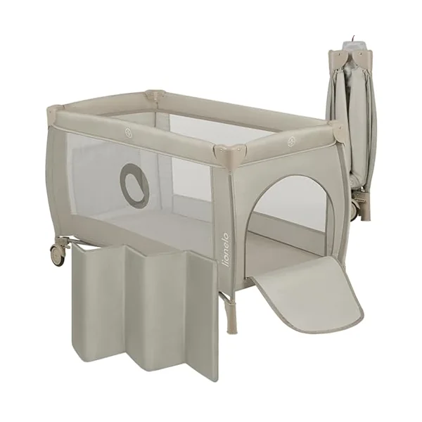 lionelo Stefi Plus Travel Cot and Playpen from Birth | 2 Mattress Levels, Side Zip Entrance, Breathable Mesh, LockGuard Safety, Wheels and Compact Fold