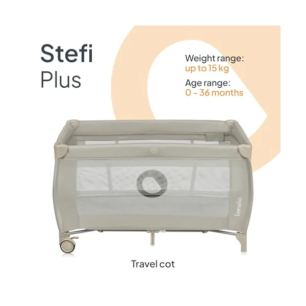lionelo Stefi Plus Travel Cot and Playpen from Birth | 2 Mattress Levels, Side Zip Entrance, Breathable Mesh, LockGuard Safety, Wheels and Compact Fold