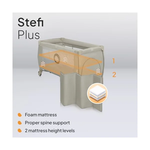 lionelo Stefi Plus Travel Cot and Playpen from Birth | 2 Mattress Levels, Side Zip Entrance, Breathable Mesh, LockGuard Safety, Wheels and Compact Fold