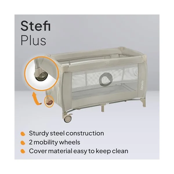 lionelo Stefi Plus Travel Cot and Playpen from Birth | 2 Mattress Levels, Side Zip Entrance, Breathable Mesh, LockGuard Safety, Wheels and Compact Fold