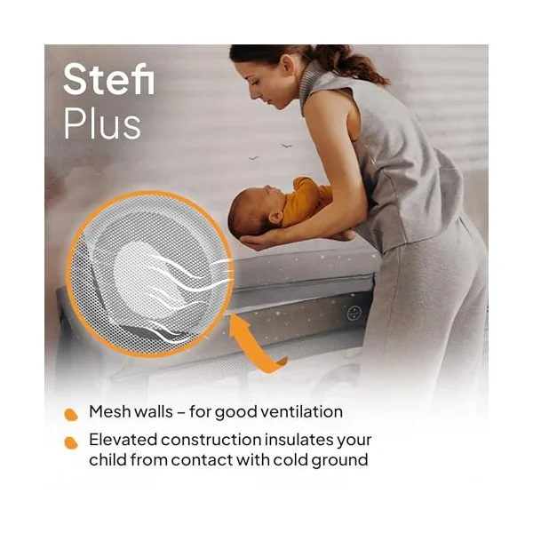 lionelo Stefi Plus Travel Cot and Playpen from Birth | 2 Mattress Levels, Side Zip Entrance, Breathable Mesh, LockGuard Safety, Wheels and Compact Fold