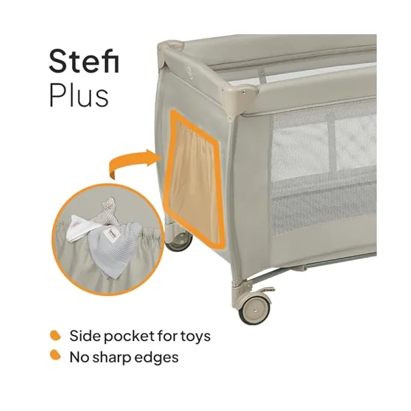 lionelo Stefi Plus Travel Cot and Playpen from Birth | 2 Mattress Levels, Side Zip Entrance, Breathable Mesh, LockGuard Safety, Wheels and Compact Fold