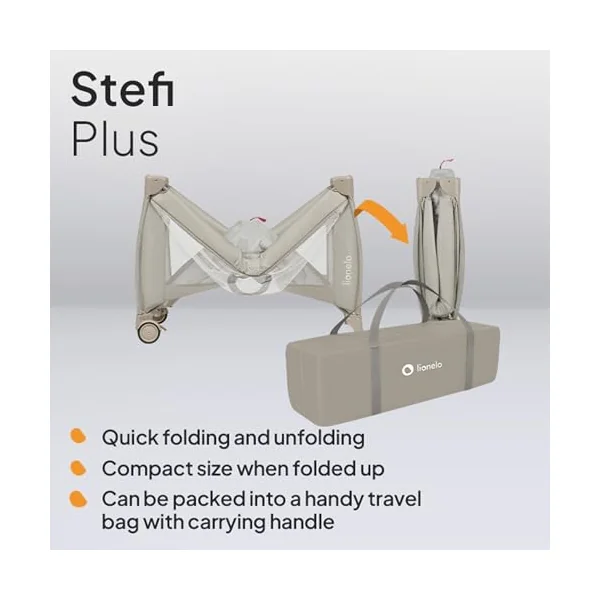 lionelo Stefi Plus Travel Cot and Playpen from Birth | 2 Mattress Levels, Side Zip Entrance, Breathable Mesh, LockGuard Safety, Wheels and Compact Fold