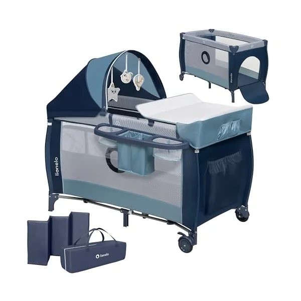 lionelo Sven Plus 2-in-1 Travel Cot and Playpen from Birth | To 36 Months, 2 Mattress Levels, Changing Table, Breathable Mesh, Side Entrance, Mosquito Net and Wheels