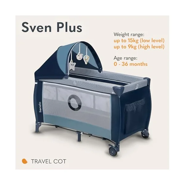 lionelo Sven Plus 2-in-1 Travel Cot and Playpen from Birth | To 36 Months, 2 Mattress Levels, Changing Table, Breathable Mesh, Side Entrance, Mosquito Net and Wheels