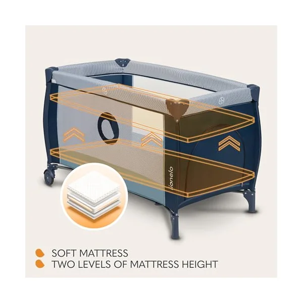 lionelo Sven Plus 2-in-1 Travel Cot and Playpen from Birth | To 36 Months, 2 Mattress Levels, Changing Table, Breathable Mesh, Side Entrance, Mosquito Net and Wheels