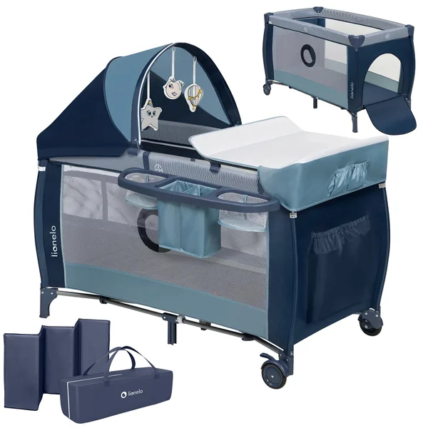 lionelo Sven Plus 2-in-1 Travel Cot and Playpen from Birth | To 36 Months, 2 Mattress Levels, Changing Table, Breathable Mesh, Side Entrance, Mosquito Net and Wheels