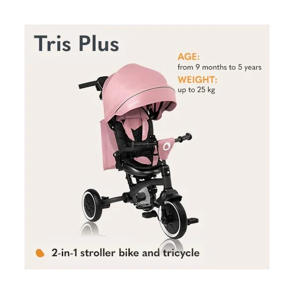 LIONELO Tris Plus 2-in-1 Tricycle and Pushchair from 9 Months | Up to 25 kg, 360° Reversible Seat, Parent Steering Handle, Free-Wheel Function, Footrest and Cup Holder