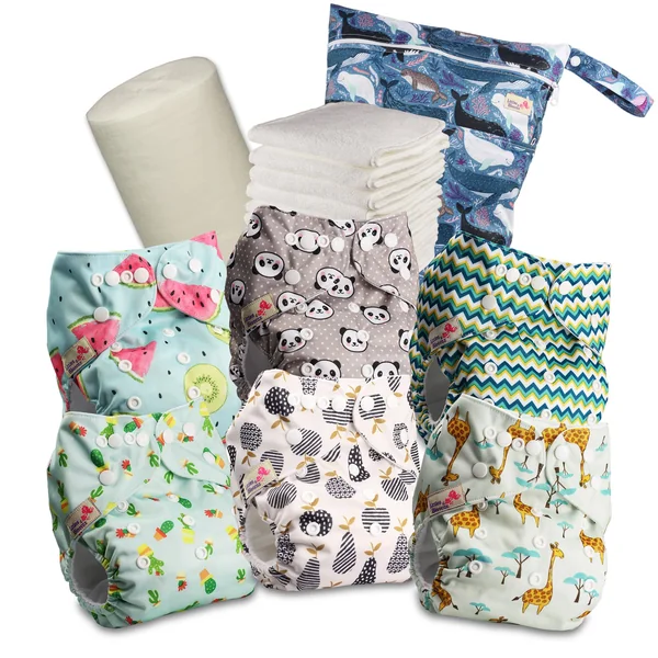 Littles & Bloomz Reusable Pocket Cloth Nappies (Popper), 6-Pack Kit, 631PM6 | Gentle Comfort, Adjustable Fit 0-3Y/3-15kg, Washable & Quick-Dry, Includes 6 Microfibre Inserts, 1 Bamboo Liner & 1 Wet Bag