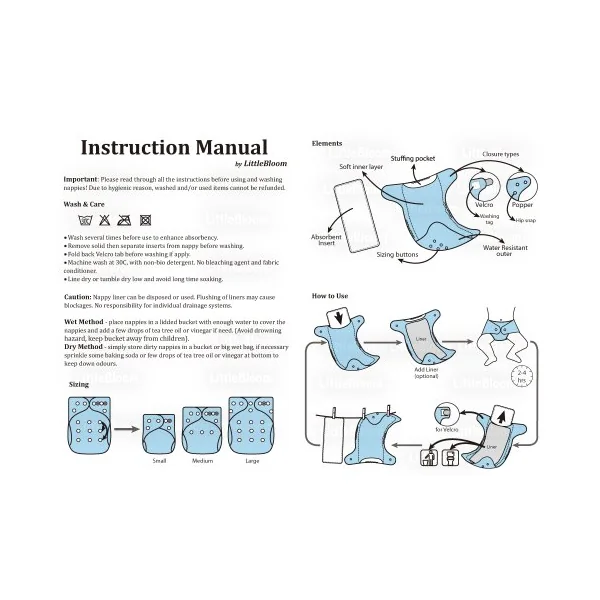 Littles & Bloomz, Reusable Pocket Cloth Nappy, Fastener: Hook-Loop, Set of 1, Pattern 58, Without Insert