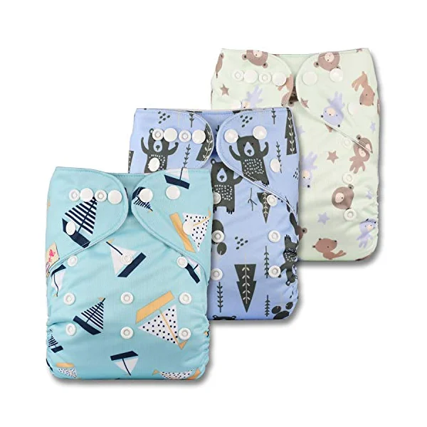 Littles & Bloomz, Reusable Pocket Cloth Nappy, Fastener: Popper, Set of 3, Patterns 304, with 6 Microfibre Inserts