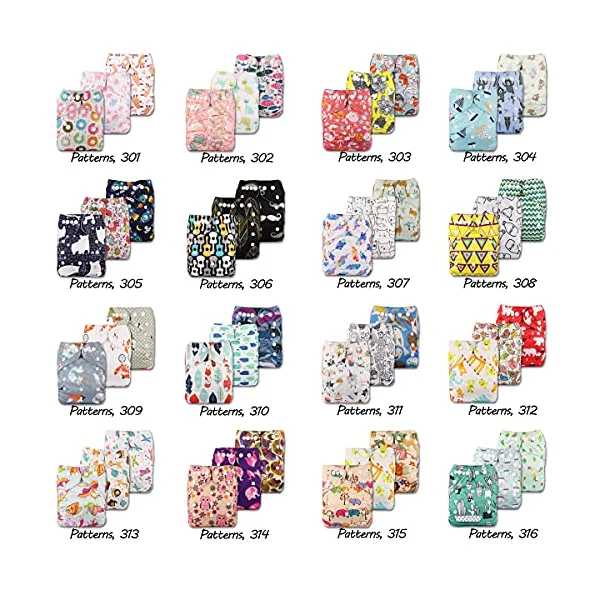 Littles & Bloomz, Reusable Pocket Cloth Nappy, Fastener: Popper, Set of 3, Patterns 304, with 6 Microfibre Inserts