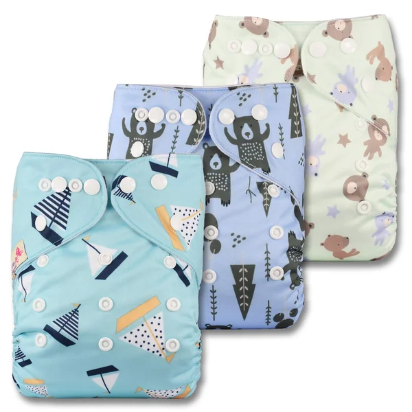 Littles & Bloomz, Reusable Pocket Cloth Nappy, Fastener: Popper, Set of 3, Patterns 304, with 6 Microfibre Inserts