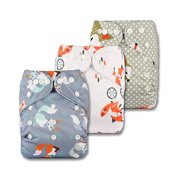 Littles & Bloomz, Reusable Pocket Cloth Nappy, Fastener: Popper, Set of 3, Patterns 309, with 6 Microfibre Inserts
