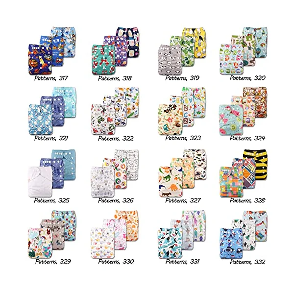 Littles & Bloomz, Reusable Pocket Cloth Nappy, Fastener: Popper, Set of 3, Patterns 309, with 6 Microfibre Inserts