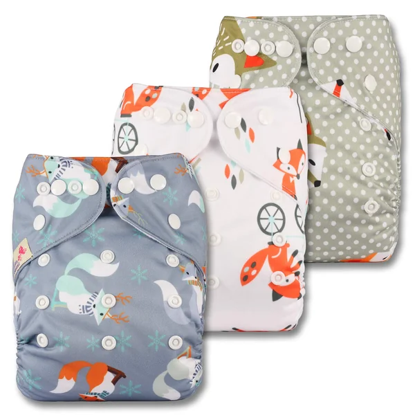 Littles & Bloomz, Reusable Pocket Cloth Nappy, Fastener: Popper, Set of 3, Patterns 309, with 6 Microfibre Inserts