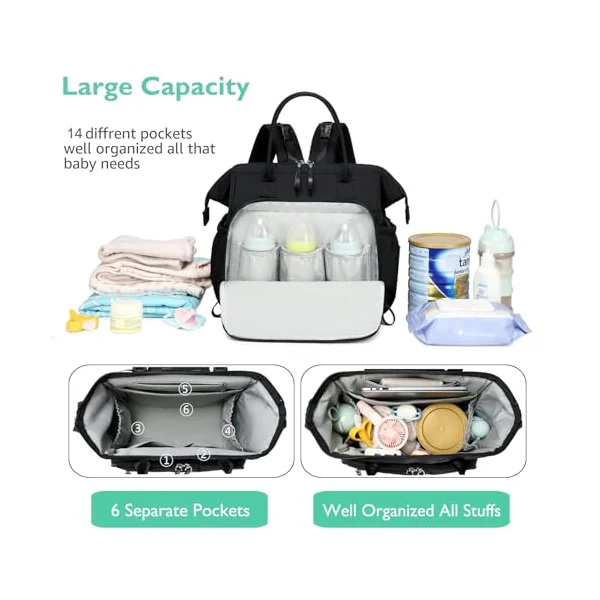 LORADI Large Changing Bag Tote, Hospital Bag (Black, L) | 14 Pockets, Convertible, Pram Clips, 3 Insulated Pockets, Water-resistant, Easy to Clean