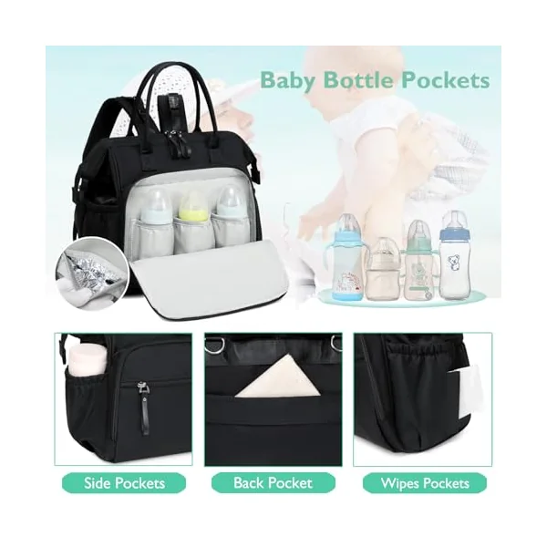 LORADI Large Changing Bag Tote, Hospital Bag (Black, L) | 14 Pockets, Convertible, Pram Clips, 3 Insulated Pockets, Water-resistant, Easy to Clean