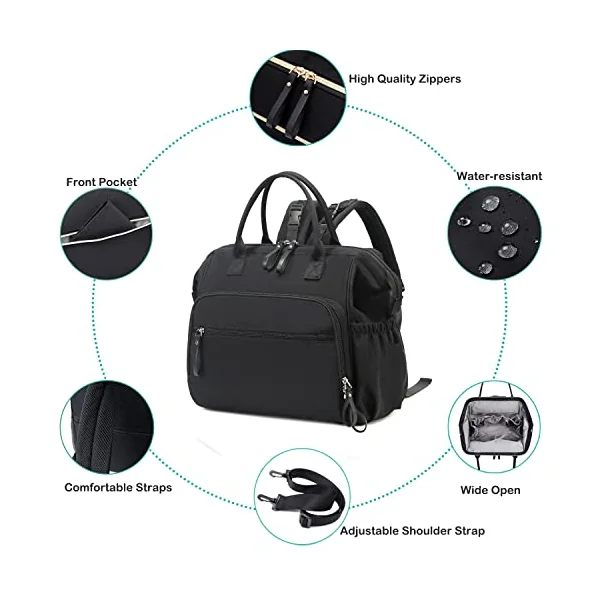 LORADI Large Changing Bag Tote, Hospital Bag (Black, L) | 14 Pockets, Convertible, Pram Clips, 3 Insulated Pockets, Water-resistant, Easy to Clean