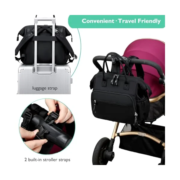 LORADI Large Changing Bag Tote, Hospital Bag (Black, L) | 14 Pockets, Convertible, Pram Clips, 3 Insulated Pockets, Water-resistant, Easy to Clean