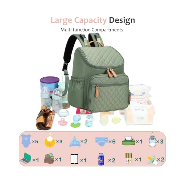 LORADI Lightweight Changing Bag Backpack, Green | Pram Clips, Insulated Pockets, Water-resistant, Easy to Clean, Durable