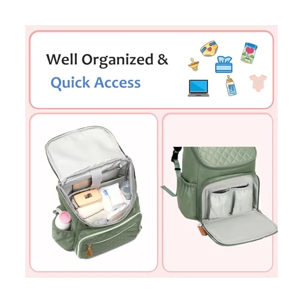 LORADI Lightweight Changing Bag Backpack, Green | Pram Clips, Insulated Pockets, Water-resistant, Easy to Clean, Durable
